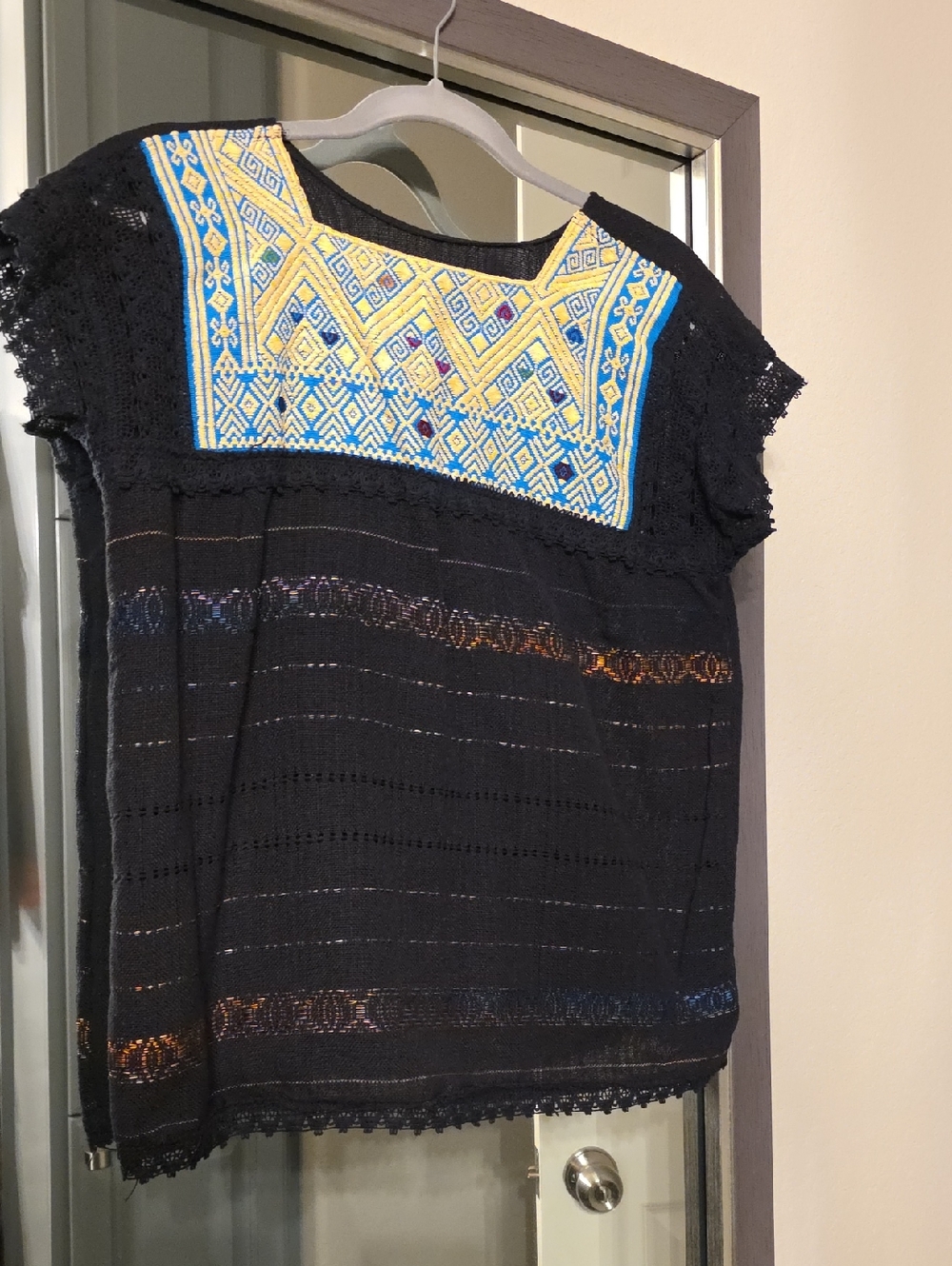 Black Short-Sleeve Embroidered Top with Yellow & Blue Yoke